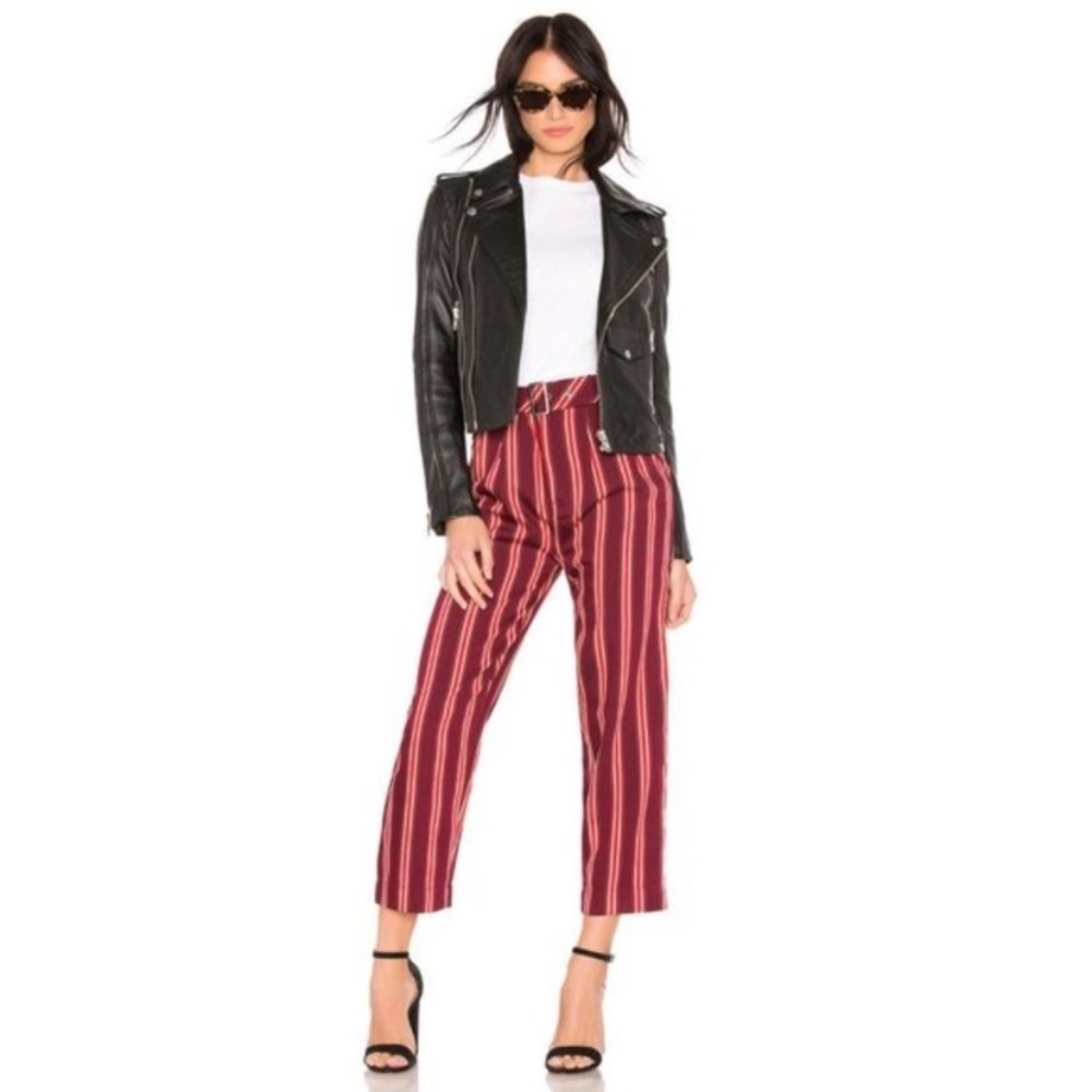 Striped High-Waist Cropped Pants in Burgundy